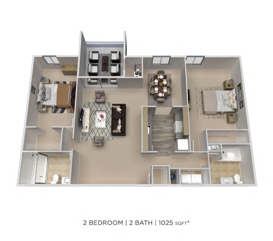 Floor plan for 2 beds, 2 baths, 1025 sqft
